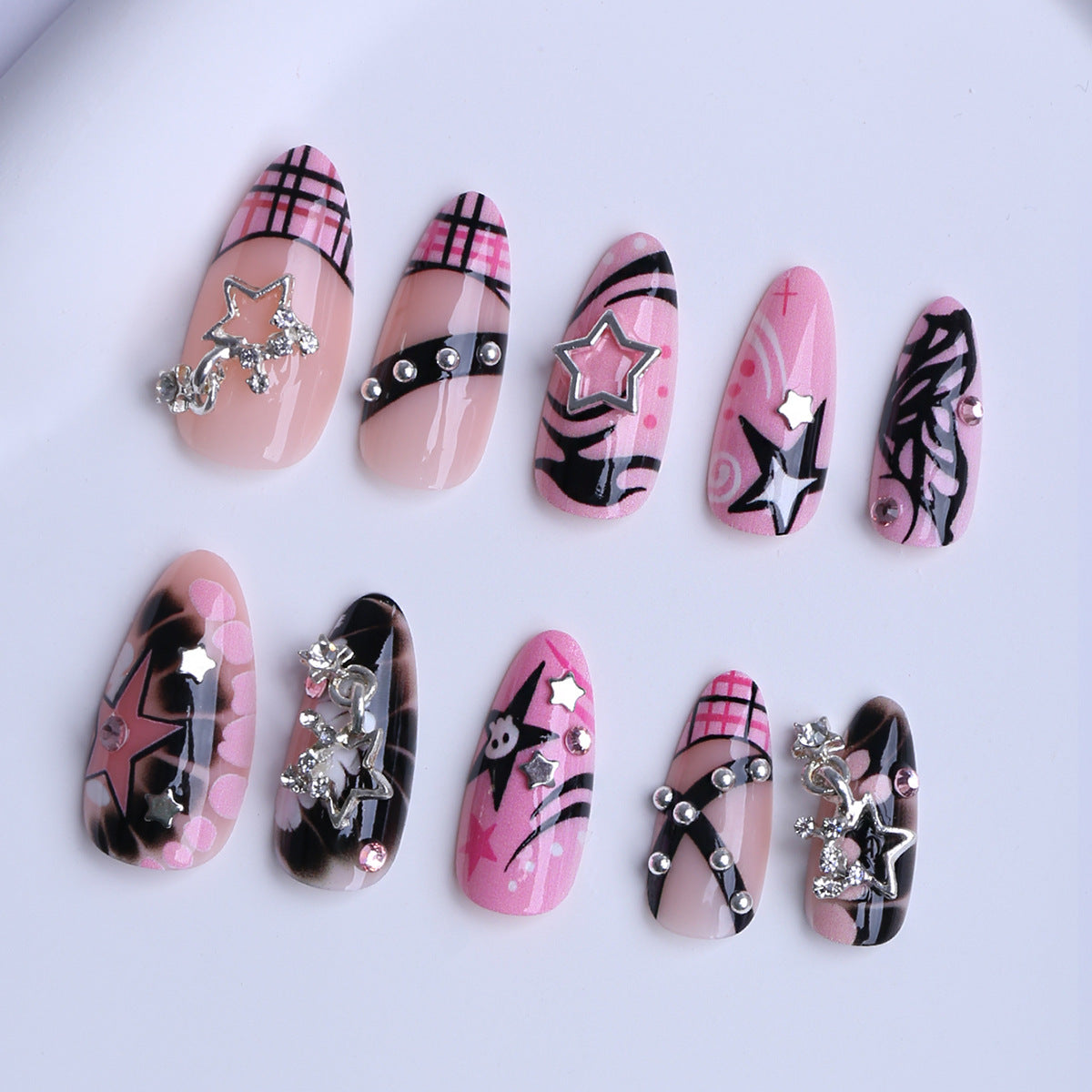 Cosmic Starry Night Medium Almond Pink with Glittering Accents Press-On Nail Set