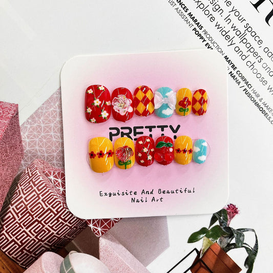 Kid's Charming Garden Inspired Short Square Colorful Floral Patterns with Unique Designs Press On Nail Set