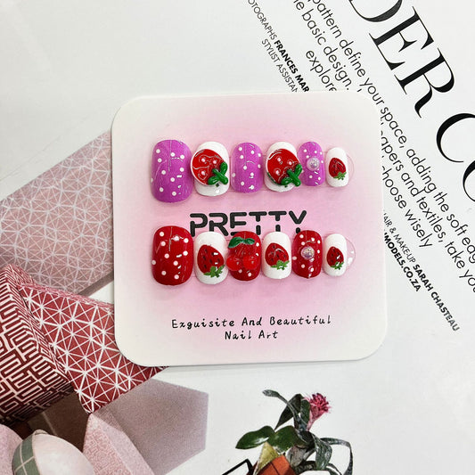Kid's Fresh Berry Delight Colorful Short Square Strawberry Nail Art Set