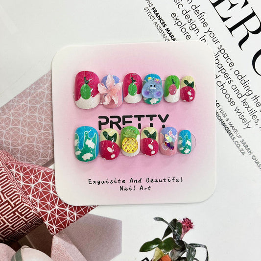 Kid's Tropical Paradise Press On Nail Set Colorful Short Square Shape Featuring Unique Fruit and Flower Nail Art