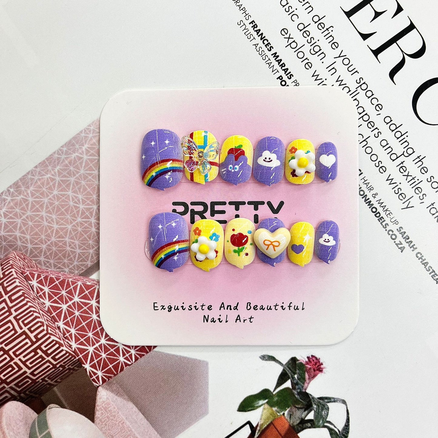 Kid's Whimsical Delight Short Square Purple with Fun Cartoon Characters Press On Nail Set
