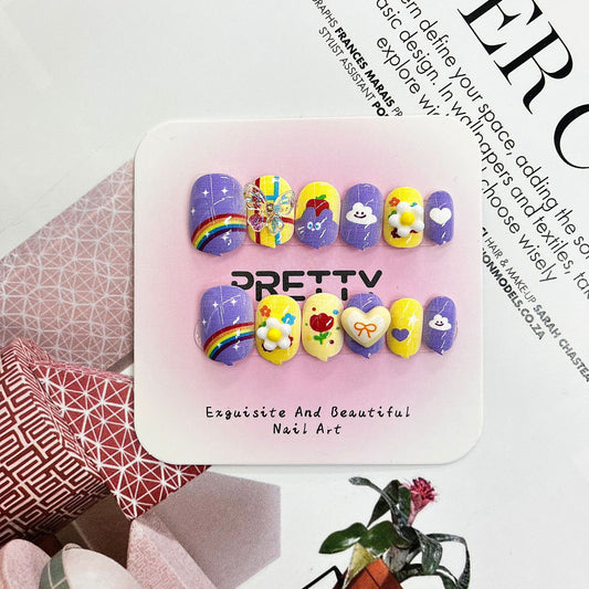 Kid's Whimsical Delight Short Square Purple with Fun Cartoon Characters Press On Nail Set