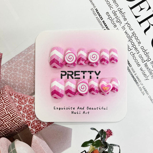 Kid's Sweet Dreams Pink Short Square Press On Nail Set with Chevron Design and Whimsical Candy Accents