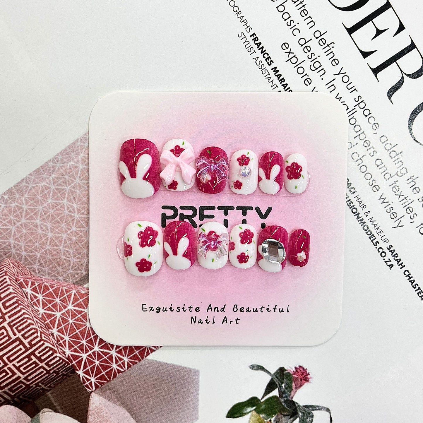 Kid's Charming Floral Fantasy Press-On Nail Set Short Square Pink with Adorable Bunny and Blossom Accents