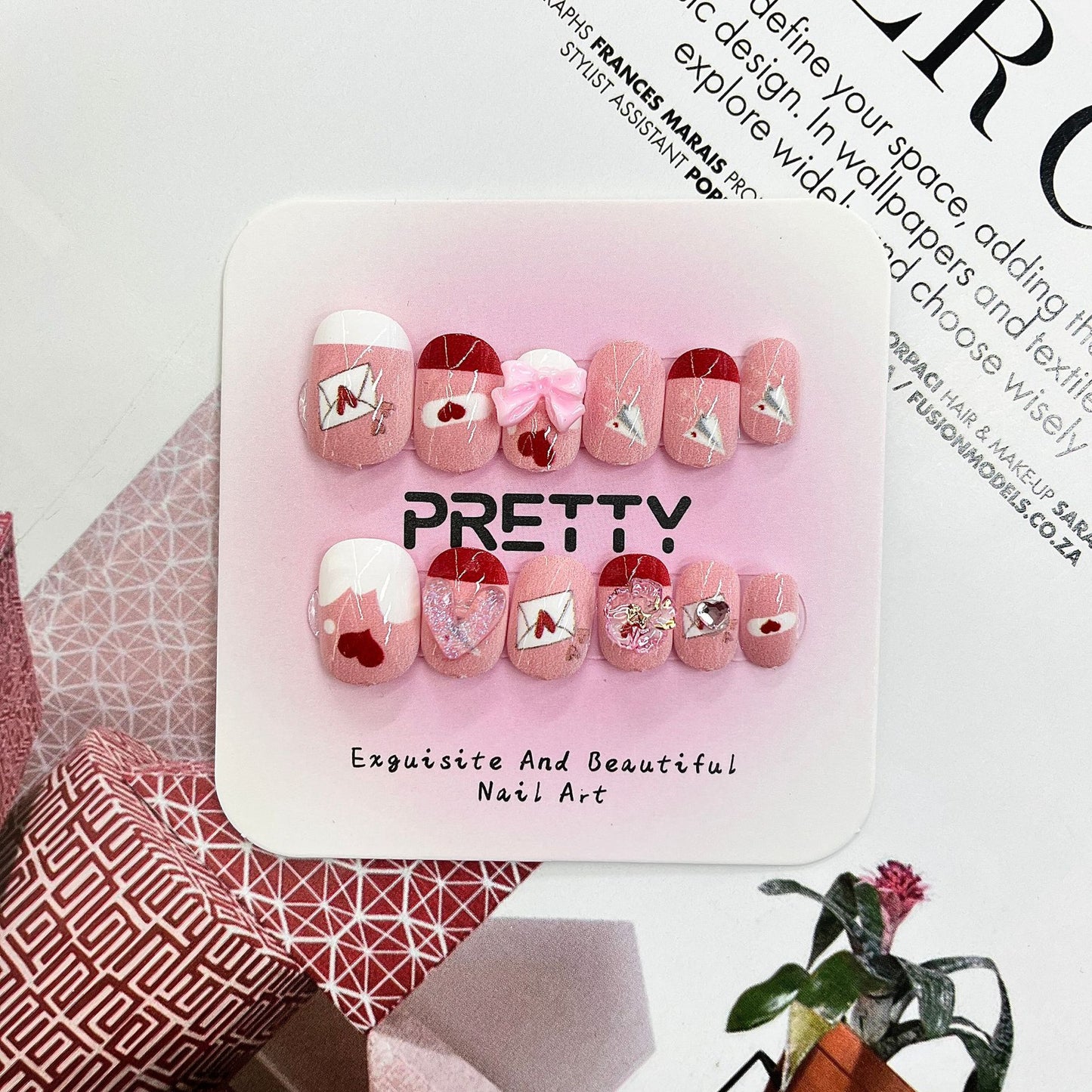 Kid's Charming Romance Short Square Pink Press-On Nail Set with Cute Bow and Whimsical Designs