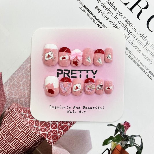 Kid's Charming Romance Short Square Pink Press-On Nail Set with Cute Bow and Whimsical Designs