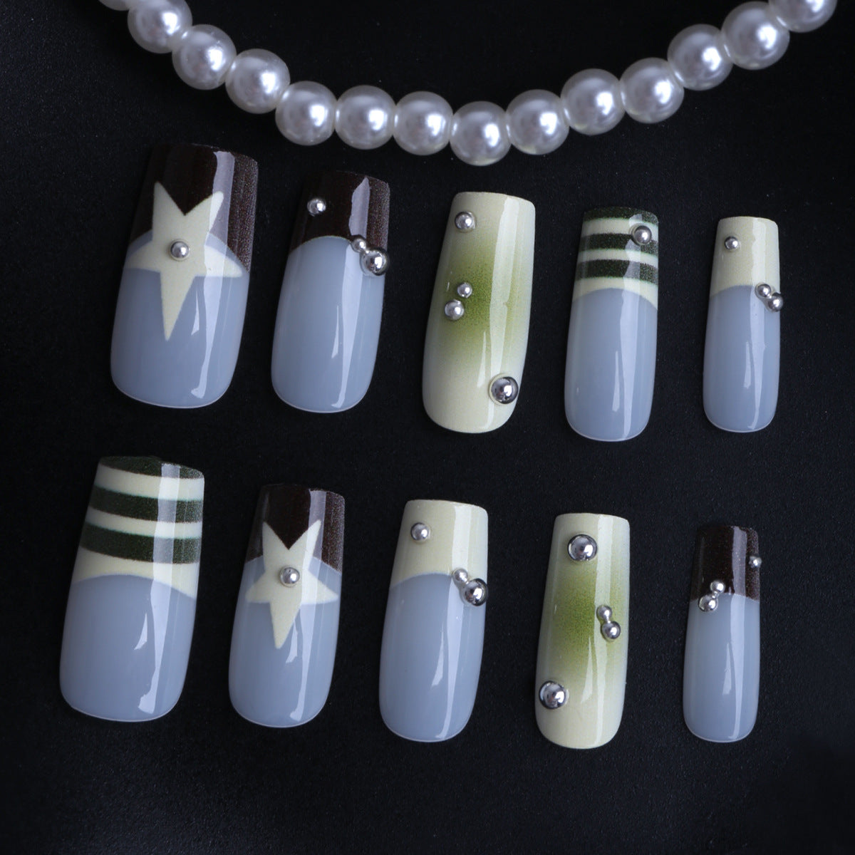 Starry Night Long Square Gray Gradient Nails with Gem Accents