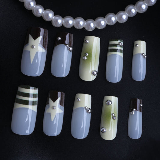 Starry Night Long Square Gray Gradient Nails with Gem Accents