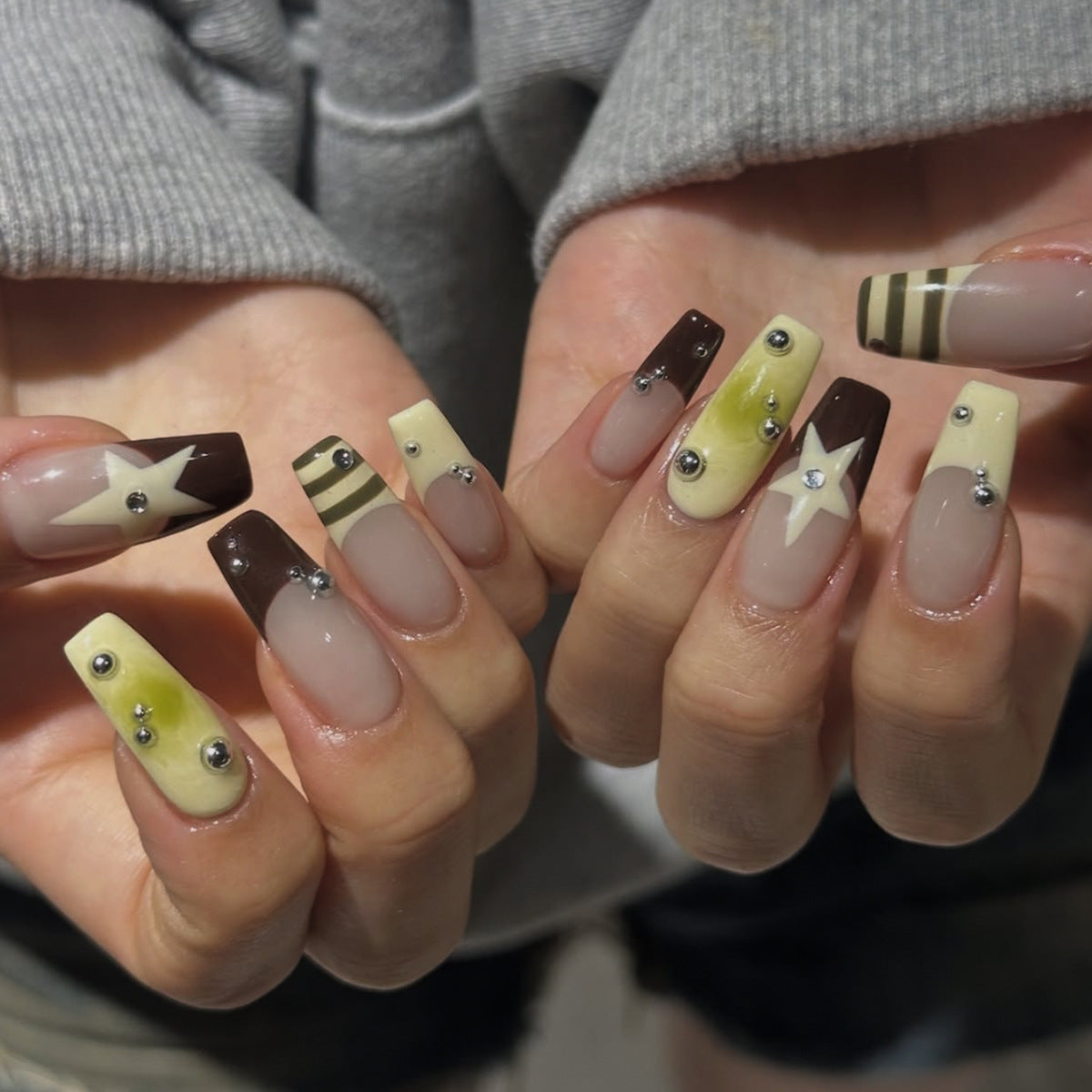 Glamorous Starry Night Long Square Olive Green and Brown Design with Sparkling Rhinestones Press On Nail Set