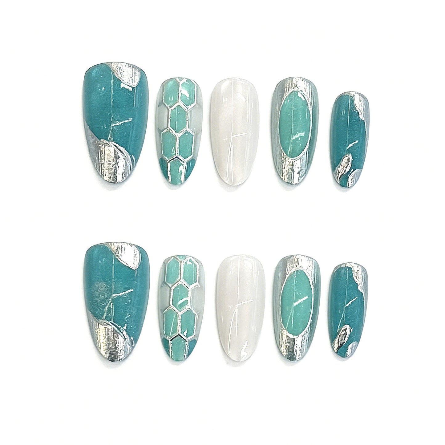 Oceanic Dream Teal Long Almond Press On Nail Set with Shimmering Metallic Accents