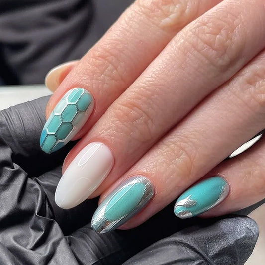 Ocean Breeze Long Almond Teal and White Nail Set with Hexagon Patterns