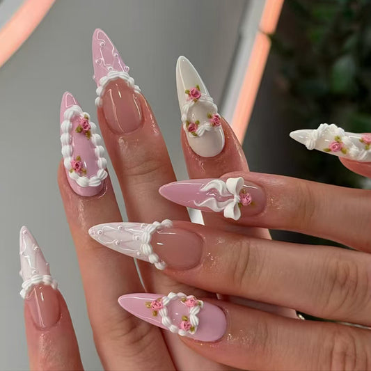 Whimsical Floral Medium Almond Pink Press on Nail Set with Unique Embellishments