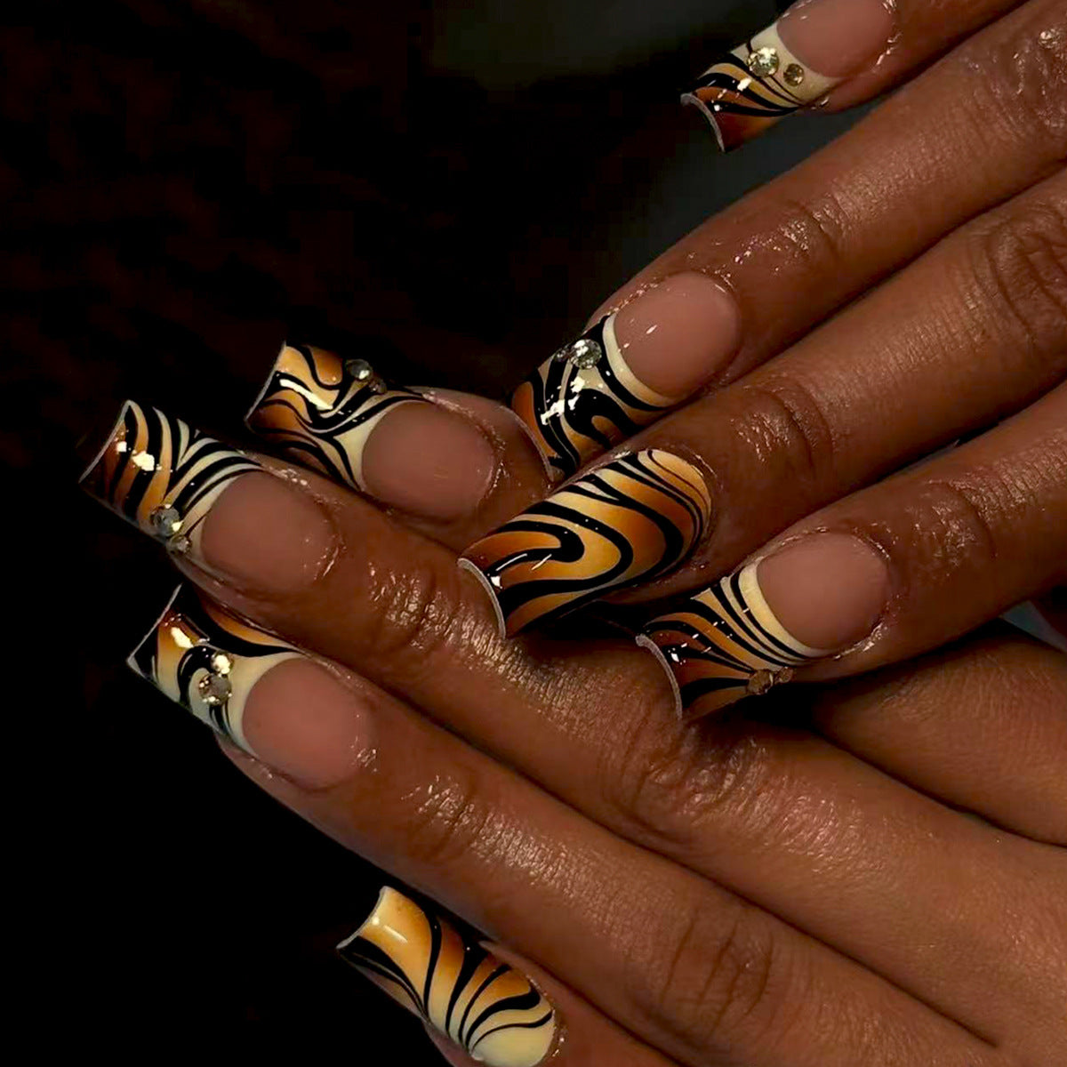 WildSafari Long Square Orange and Black Swirl Press on Nail Set with Gem Accents