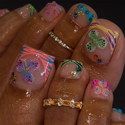 Tropical Paradise Short Square Multicolored with Floral Accents Press On Toenail Set