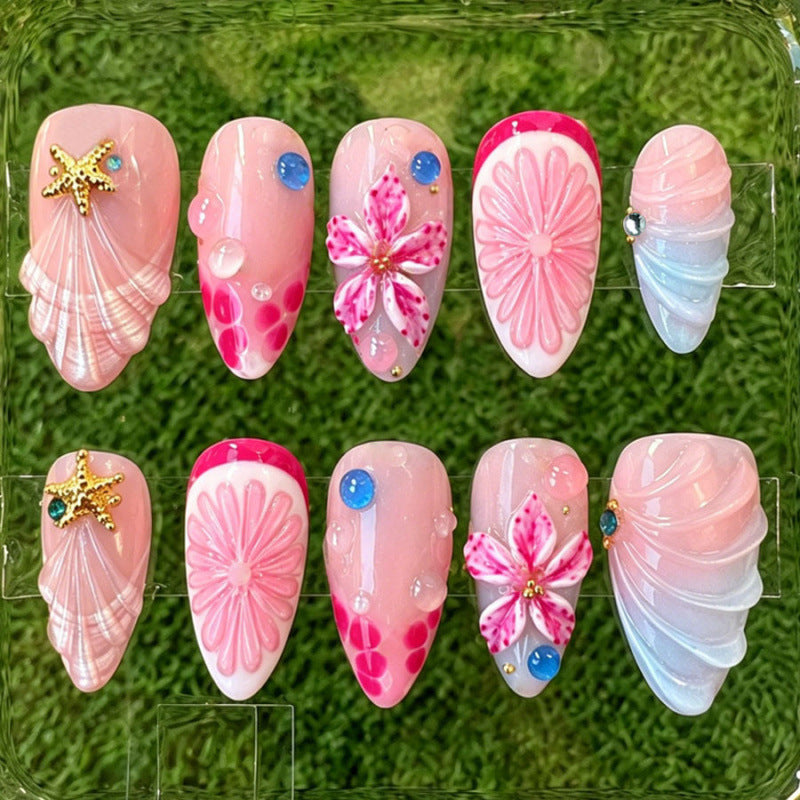 Tropical Paradise Medium Almond Pink Press-On Nail Set with Floral and Seashell Accents