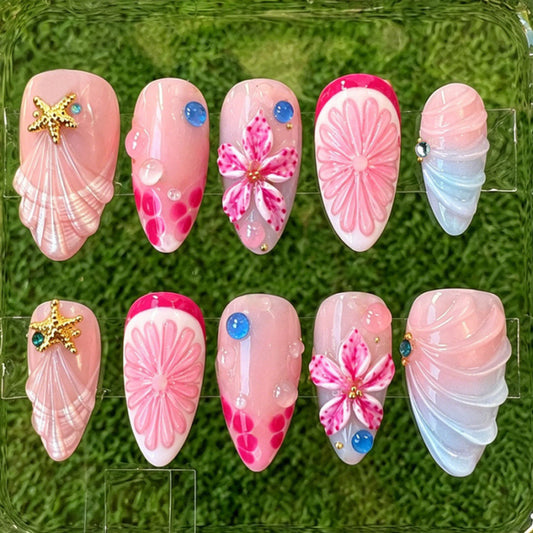 Tropical Paradise Medium Almond Pink Press-On Nail Set with Floral and Seashell Accents