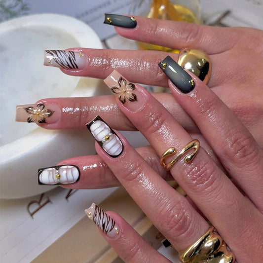 Tropical Vibes Long Square Green with Floral Detail Press On Nail Set