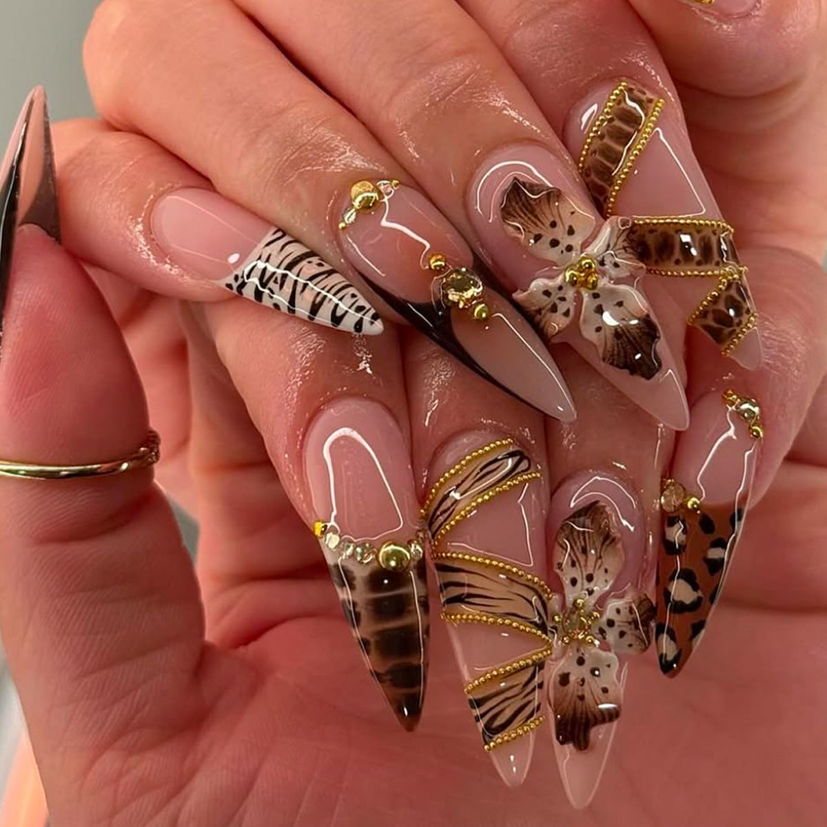 Wild Safari Long Almond Beige with Animal Print and Gold Accents Press On Nail Set