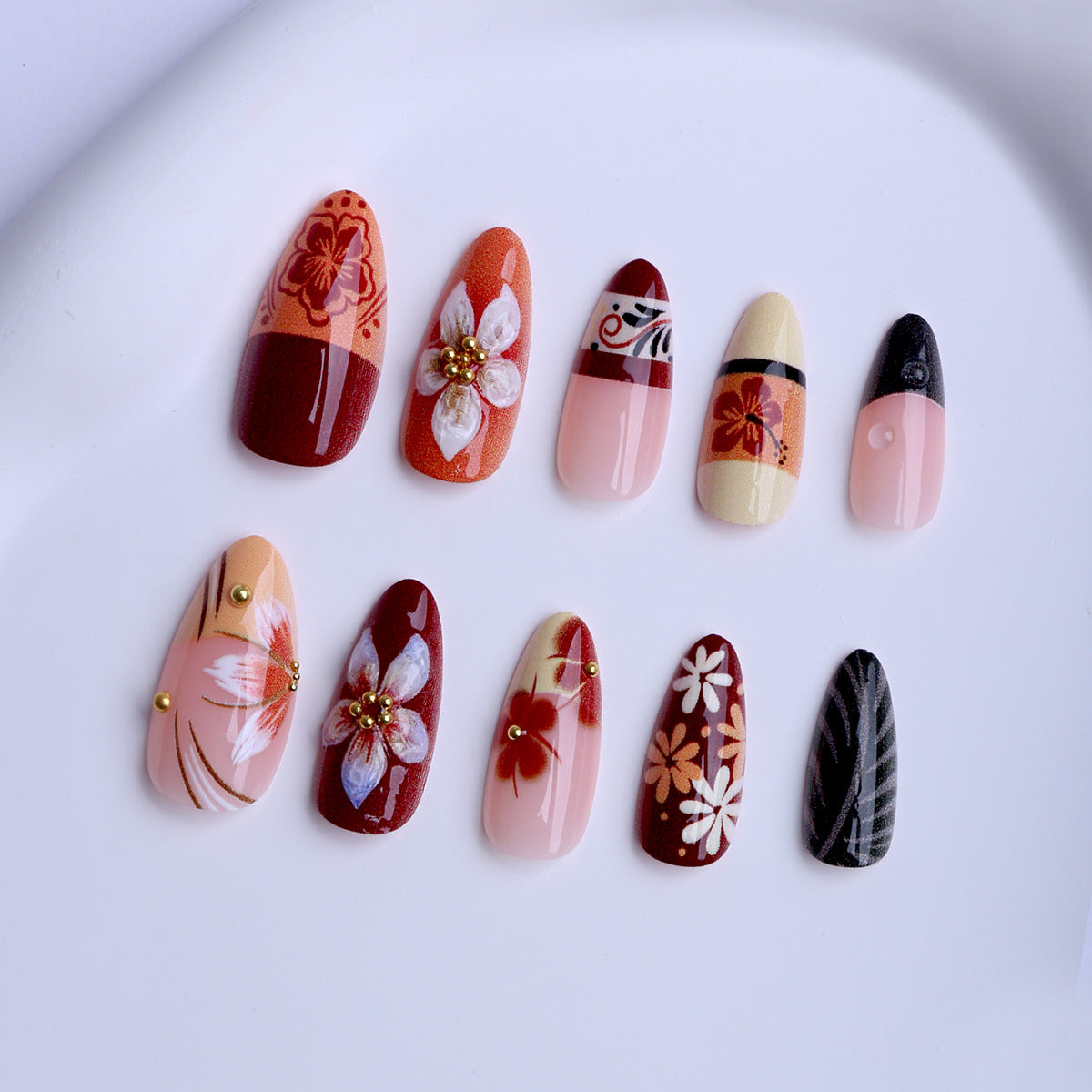 Bohemian Elegance Medium Almond Burgundy Floral Design Press-On Nail Set