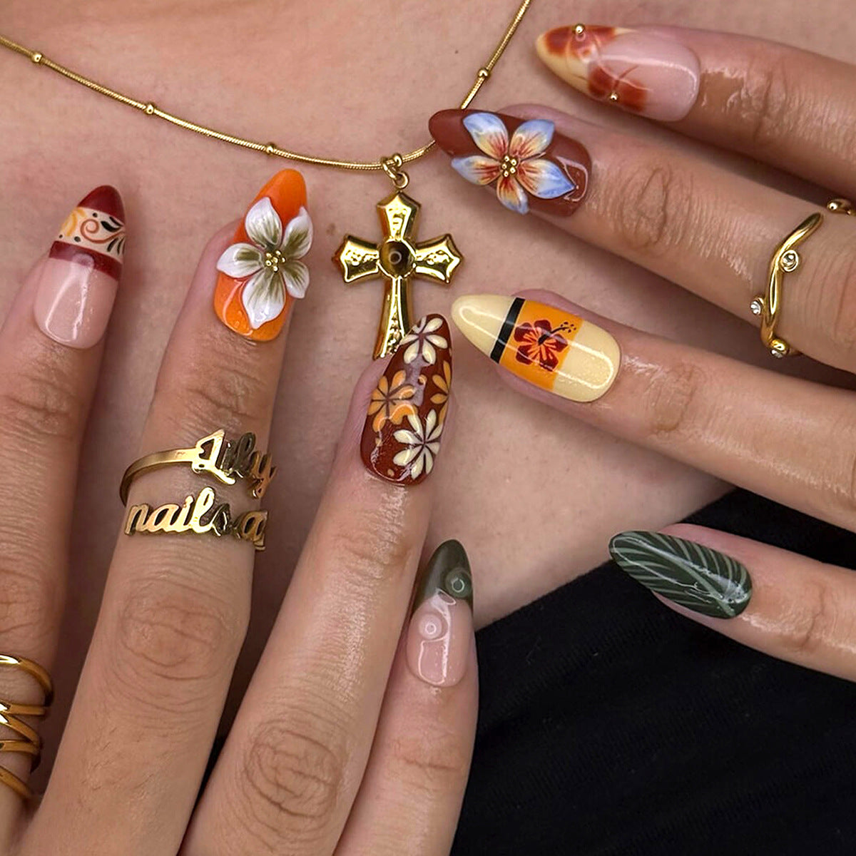 Tropical Bloom Medium Almond Multicolor Floral Press-On Nail Set