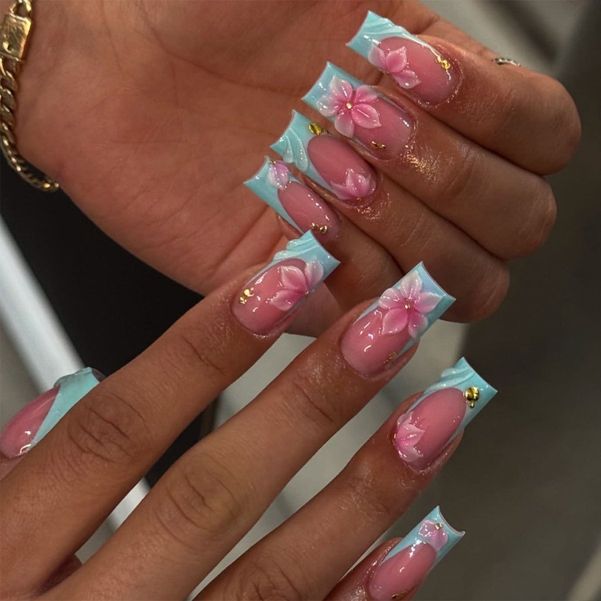 Elegant Floral Fantasy Medium Square Aqua and Pink Marble Effect Press-On Nail Set