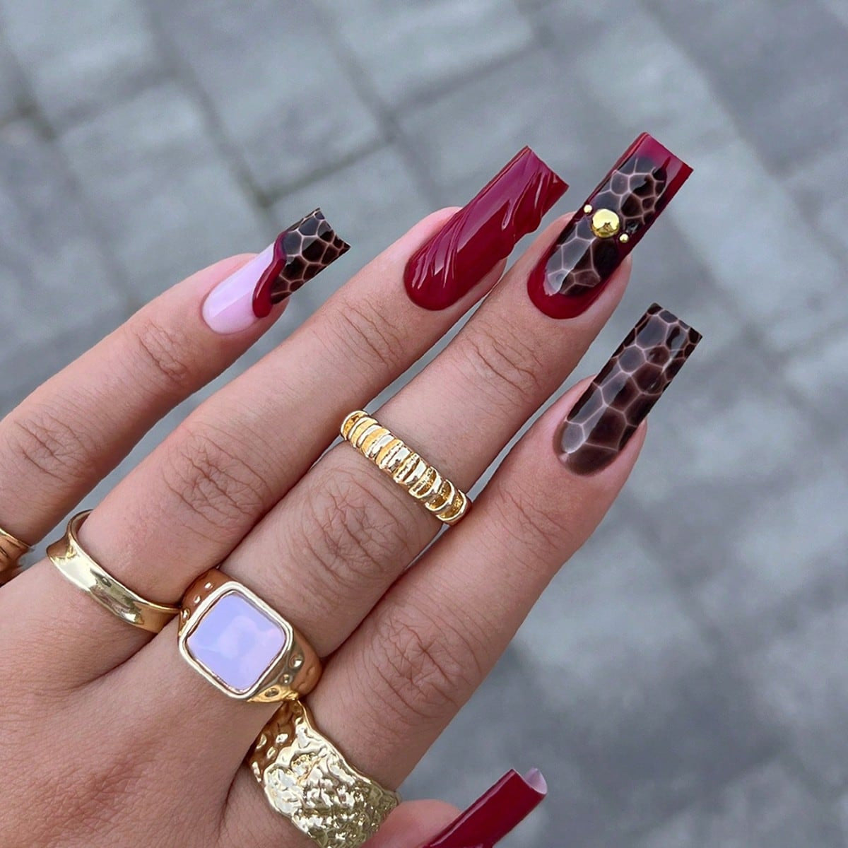 Elegant Jungle Vibes Long Square Burgundy Snake Print Press On Nail Set