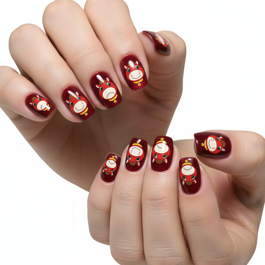 Whimsical Farm Animal Burgundy Short Square Press On Nail Set with Playful Cow Designs