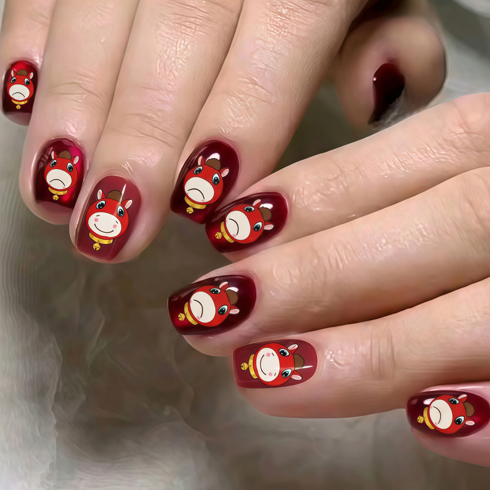 Farmhouse Charm Deep Red Short Square Nail Set Featuring Whimsical Horse Designs