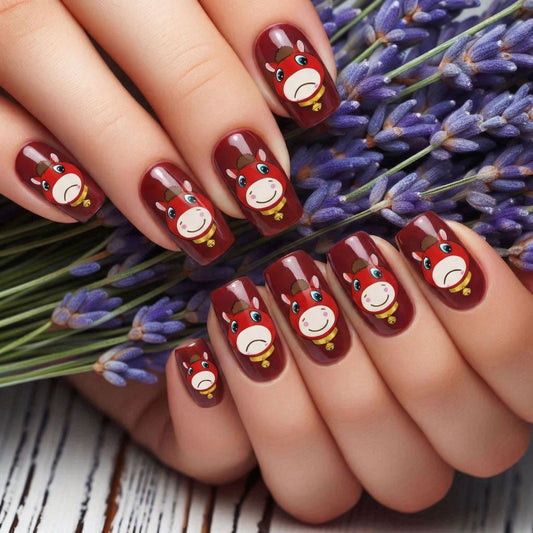 Whimsical Farmyard Beauty Short Square Burgundy Nail Set with Charming Cartoon Horse Design