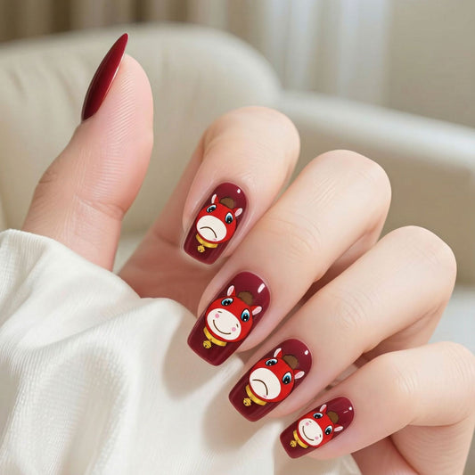 Whimsical Cowgirl Inspired Short Square Burgundy Nail Set with Playful Cow Face Design