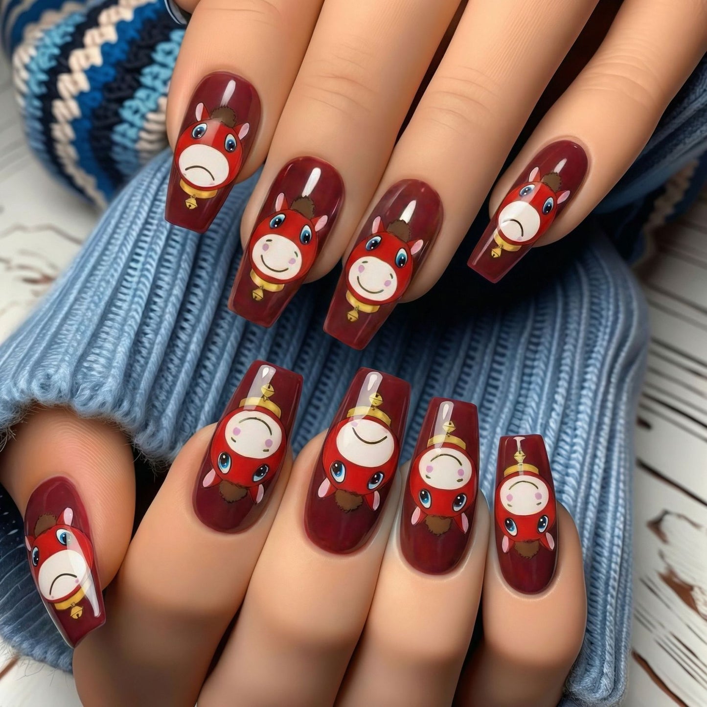 Playful Equine Charm Long Square Burgundy Press On Nail Set with Adorable Horse Designs