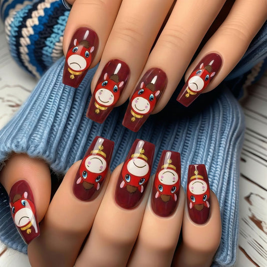 Playful Equine Charm Long Square Burgundy Press On Nail Set with Adorable Horse Designs