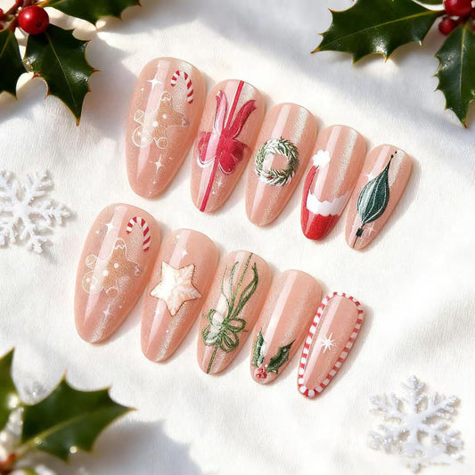 Festive Medium Almond Pink Nails with Charming Holiday Designs