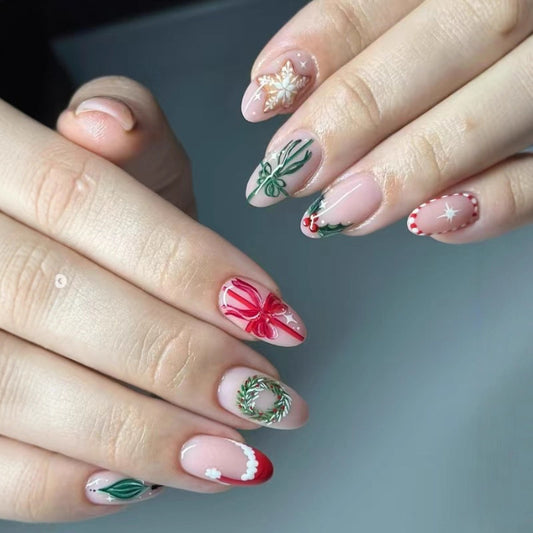 Festive Short Almond Cherry Blossom Press On Nail Set