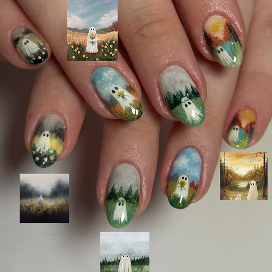 Whimsical Ghostly Forest Short Oval Green Gradient Nail Set