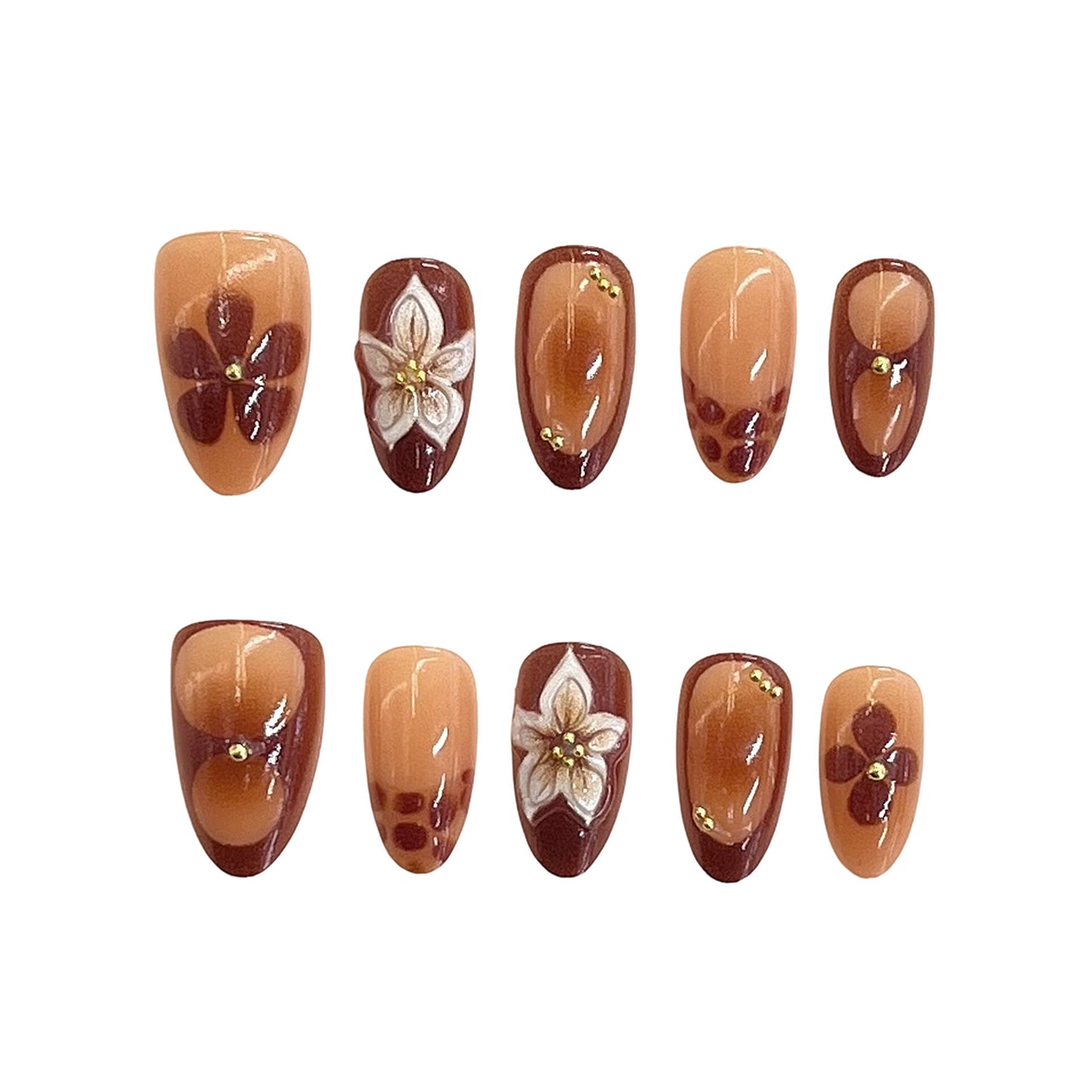 Autumn Blossom Long Almond Brown Floral Accented Press On Nail Set