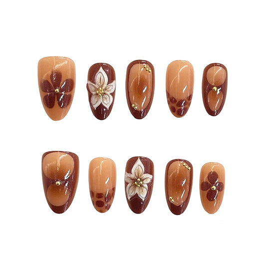 Autumn Blossom Long Almond Brown Floral Accented Press On Nail Set