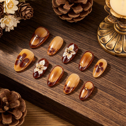 Autumn Elegance Long Almond Caramel and Brown Gradient Press-On Nail Set with Floral Accents and Stunning Gems