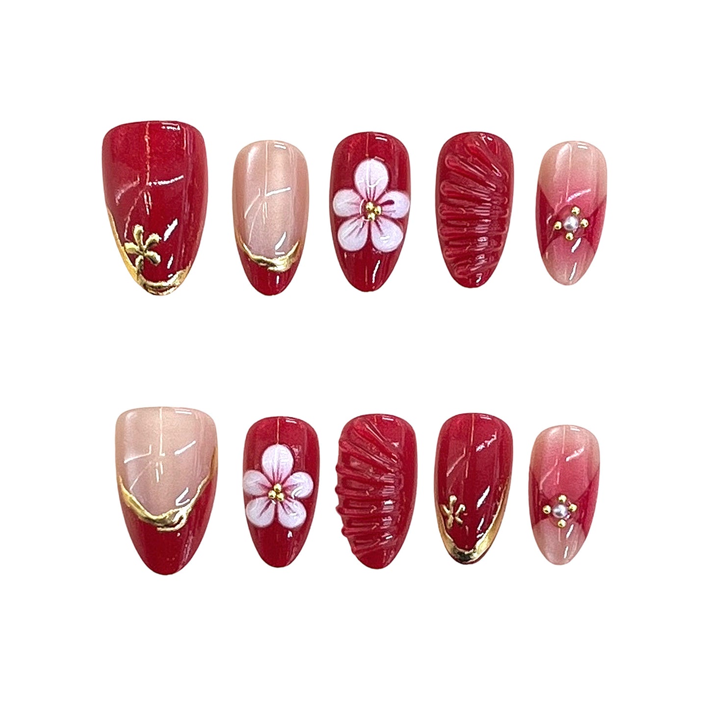 Elegant Blossom Vibe Premium Long Almond Shape Glossy Red with Floral Accent Press-On Nail Set