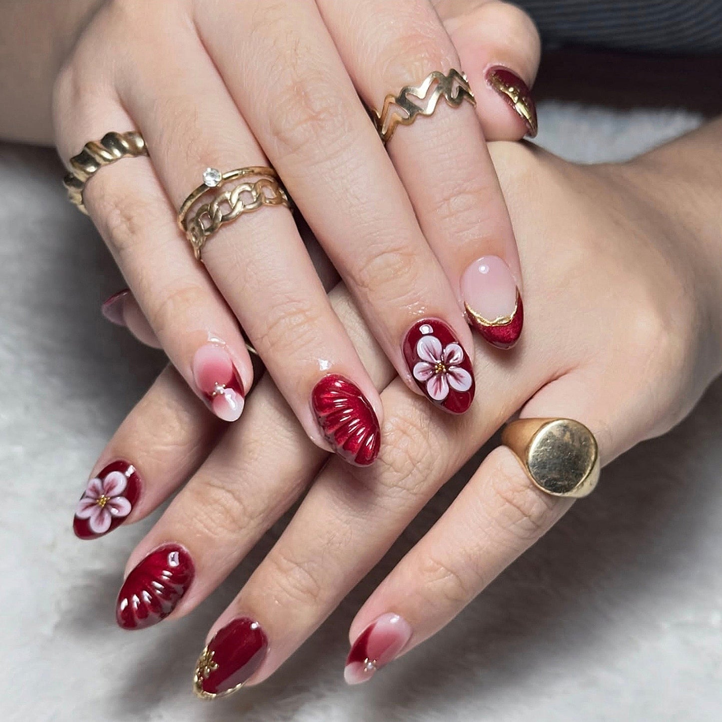 Cherry Blossom Fantasy Long Almond Shaped Burgundy with Floral Detailing Press On Nail Set