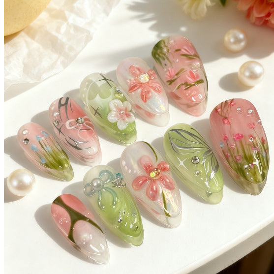 Floral Fantasy Medium Almond Green and Pink Handmade Press on Nail Set with Botanical Artistry