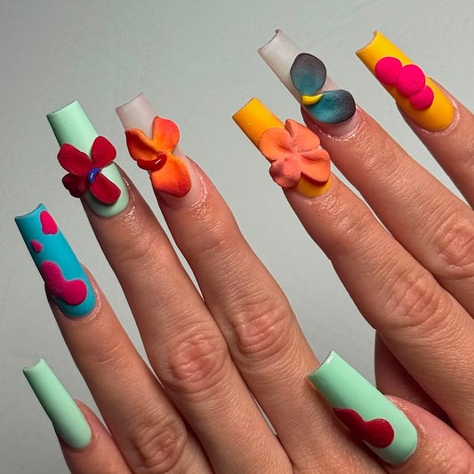 Vibrant Floral Delight Long Square Mint Green with Eye-Catching Flower Accent Press on Nail Set