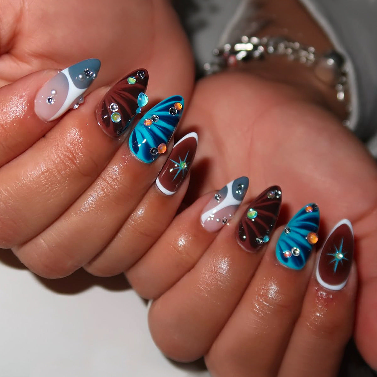 Celestial Glamour Medium Almond Multicolored Press-On Nail Set Featuring Dazzling Rhinestones