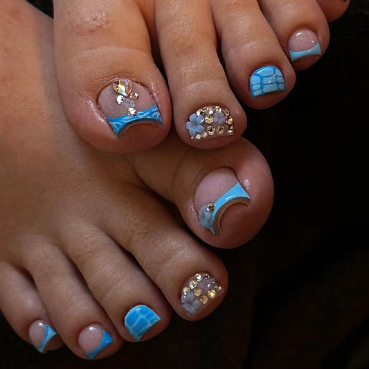 Ocean Breeze Short Square Light Blue with Sparkling Accent Press On Toenail Set