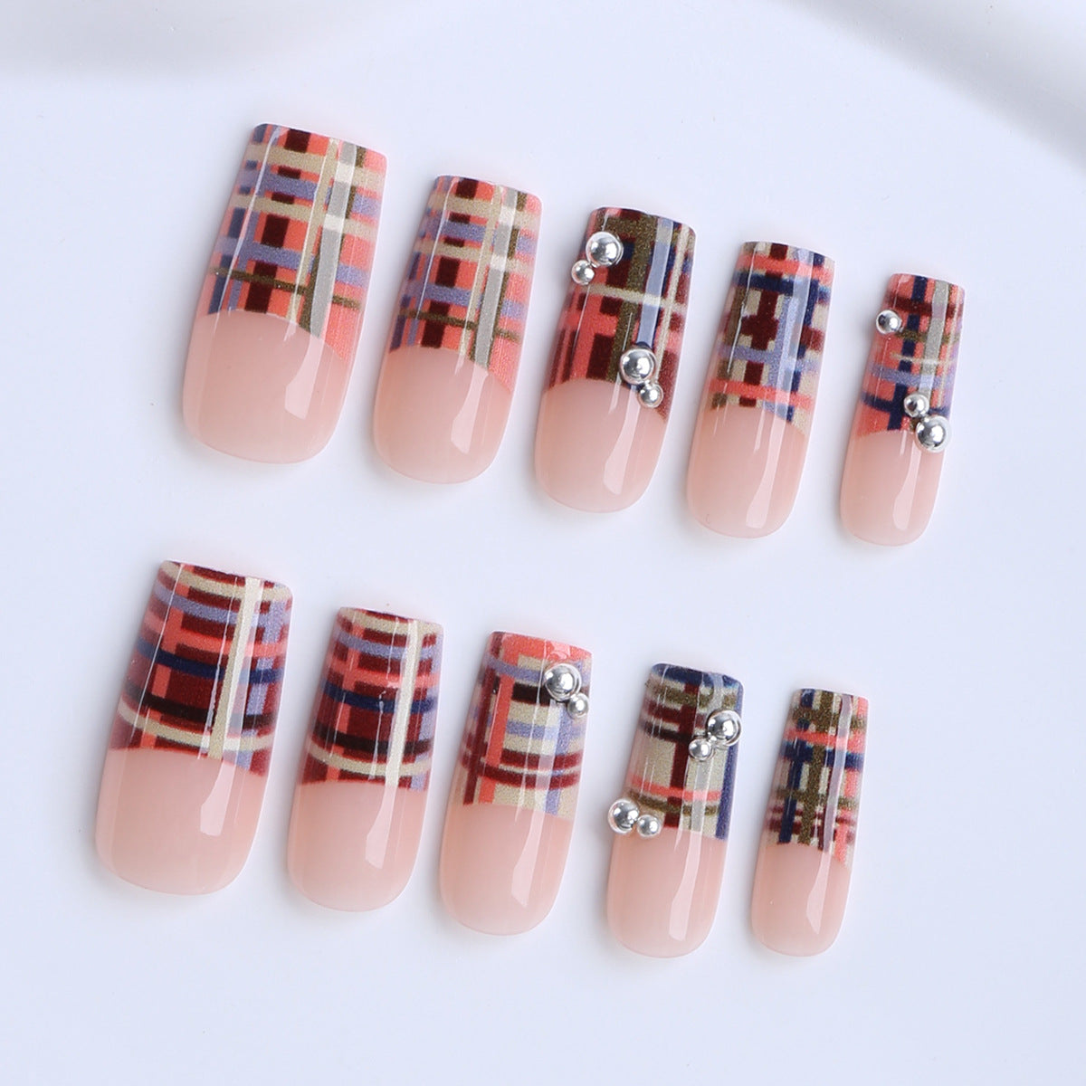 Chic Plaid Long Square Beige Press On Nail Set with Glamorous Gem Details