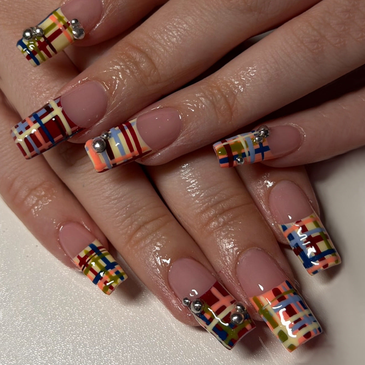 Vibrant Trendy Long Square Multicolor Pattern Press On Nail Set with Beaded Accents