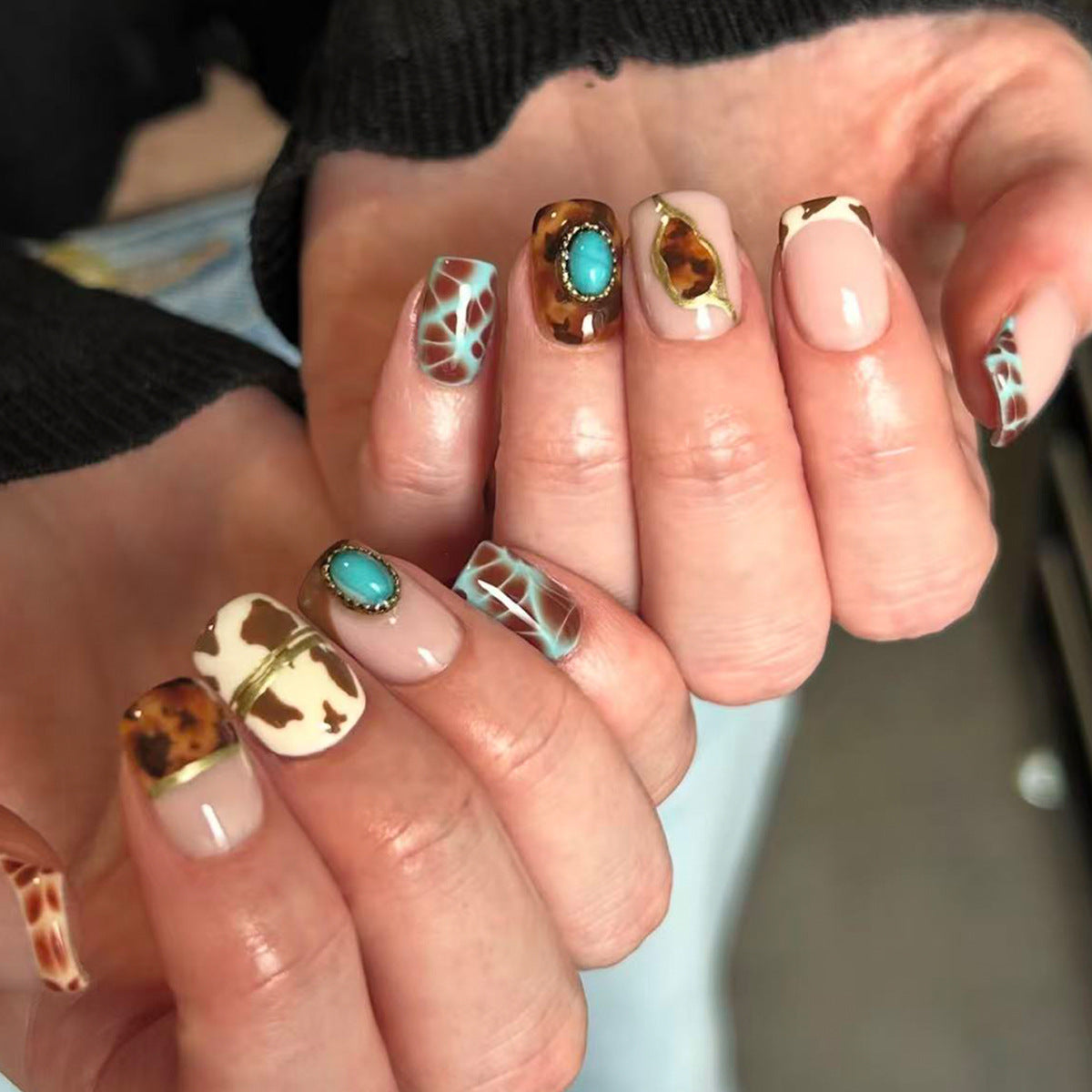 Wild West Glam Short Square Earthy Tones with Turquoise Gemstone Accents Press On Nail Set