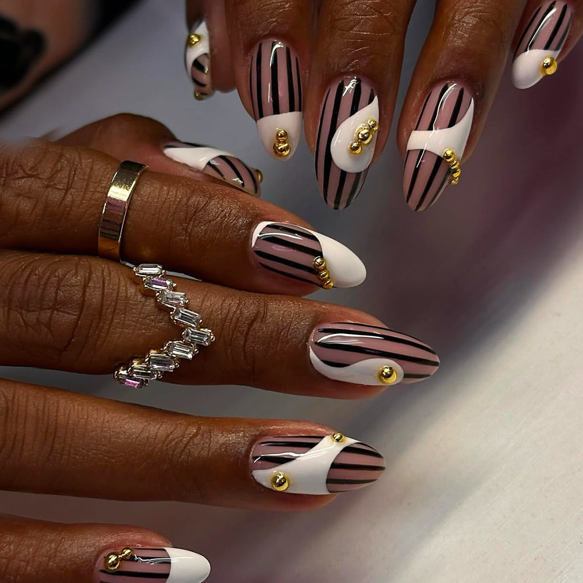 Chic Stripes Medium Almond White and Pink Design with Gold Accents Press on Nail Set