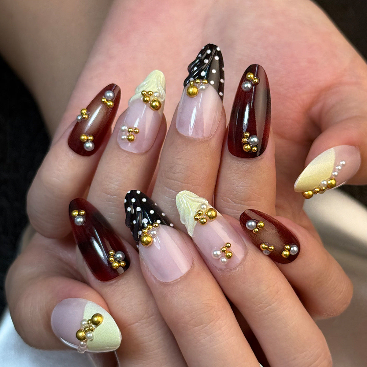 Glamorous Elegance Medium Almond Red and Black Press On Nail Set with Unique Beaded Design