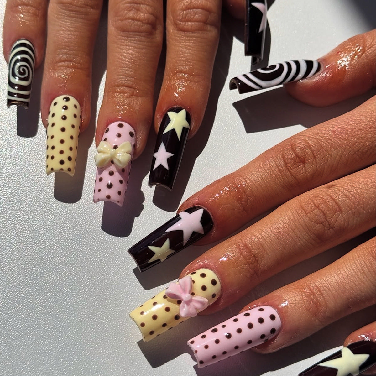 Chocolate Delight Long Square Pink and Yellow with Bow Accents Press On Nail Set